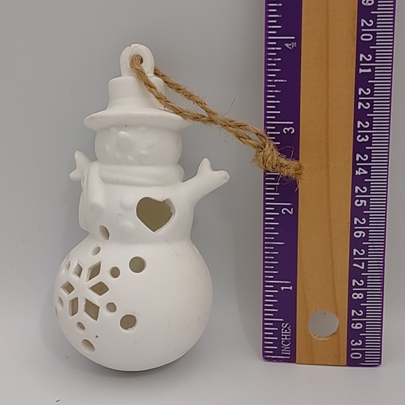 4" White Snowman w Snowflake & Heart Cutout Design Ceramic Christmas Ornament - Picture 3 of 4